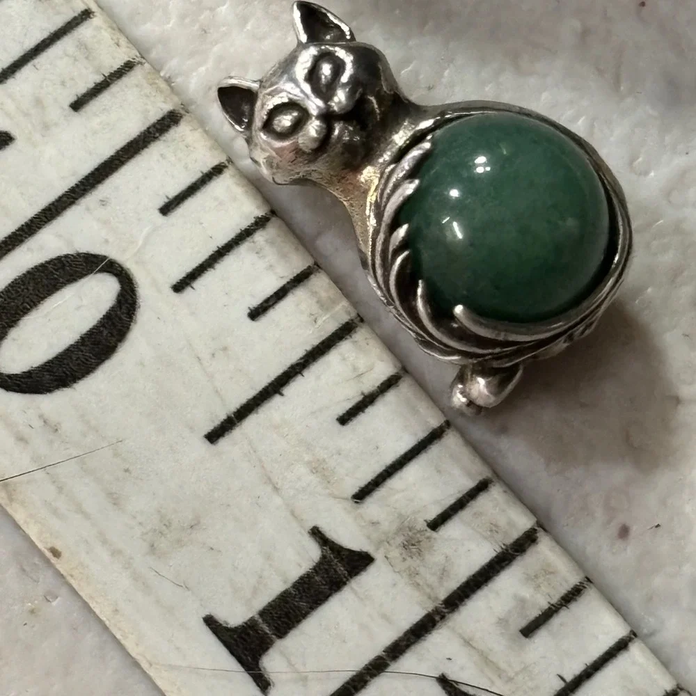 Vtg 925 Sterling Silver Cat Pendant Jade Green Aventurine Quartz Sphere